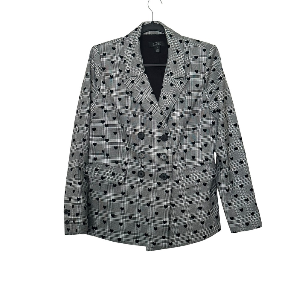 Halogen x Atlantic-Pacific Heart Plaid Double Breasted Blazer Grey Black